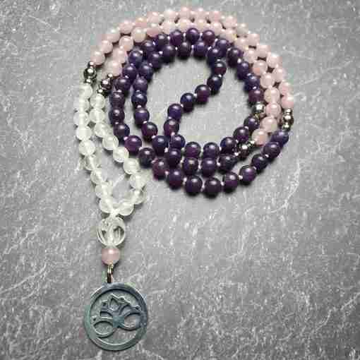 Lepidolith-Rosenquarz-Milchquarz-Mala + Armband