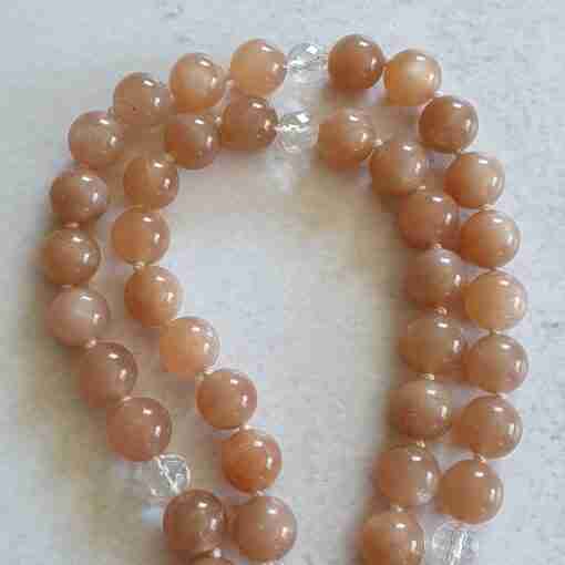 Pfirsichfarbene Mondstein-(Bergkristall)-weiße Aventurinquarz-Mala + Armband – Bild 13