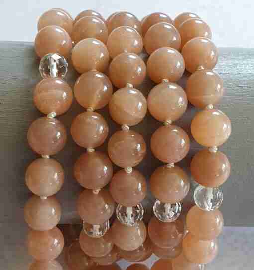 Pfirsichfarbene Mondstein-(Bergkristall)-weiße Aventurinquarz-Mala + Armband – Bild 20