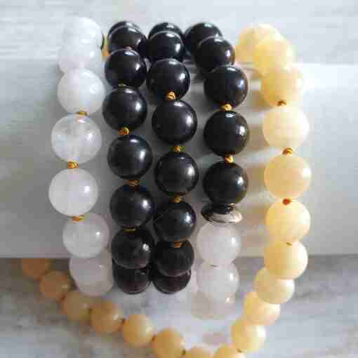 Schungit-gelbe Calcit-Schneequarz-Mala + Armband – Bild 23