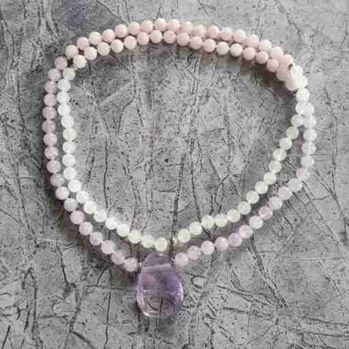 Amethyst (Lavendelamethyst) -Milchquarz-Rosenquarz-Mala + Armband – Bild 3