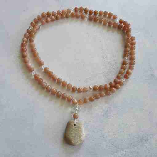 Pfirsichfarbene Mondstein-(Bergkristall)-weiße Aventurinquarz-Mala + Armband – Bild 3