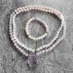 Amethyst (Lavendelamethyst) -Milchquarz-Rosenquarz-Mala + Armband