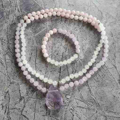 Amethyst (Lavendelamethyst) -Milchquarz-Rosenquarz-Mala + Armband