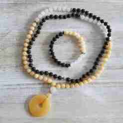 Schungit-gelbe Calcit-Schneequarz-Mala + Armband