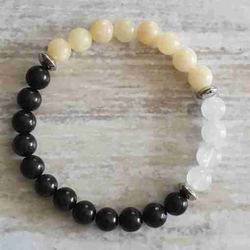 Schungit-gelbe Calcit-Schneequarz-Mala + Armband – Bild 4