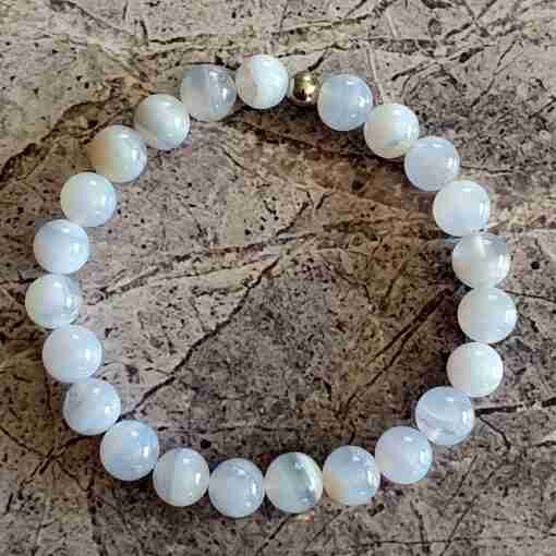 Blau gebänderte Chalcedon („Chalcedonachat“) -Mala mit blauem Chalcedon-Anhänger + Armband – Bild 4
