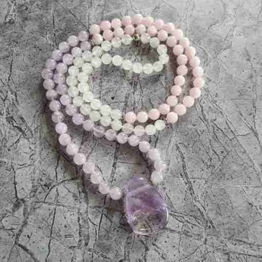 Amethyst (Lavendelamethyst) -Milchquarz-Rosenquarz-Mala + Armband – Bild 5