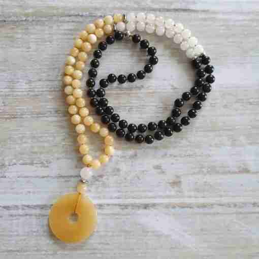 Schungit-gelbe Calcit-Schneequarz-Mala + Armband – Bild 5