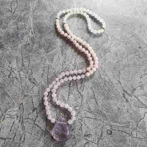 Amethyst (Lavendelamethyst) -Milchquarz-Rosenquarz-Mala + Armband – Bild 6