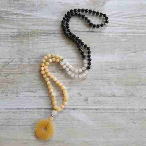 Schungit-gelbe Calcit-Schneequarz-Mala + Armband – Bild 6