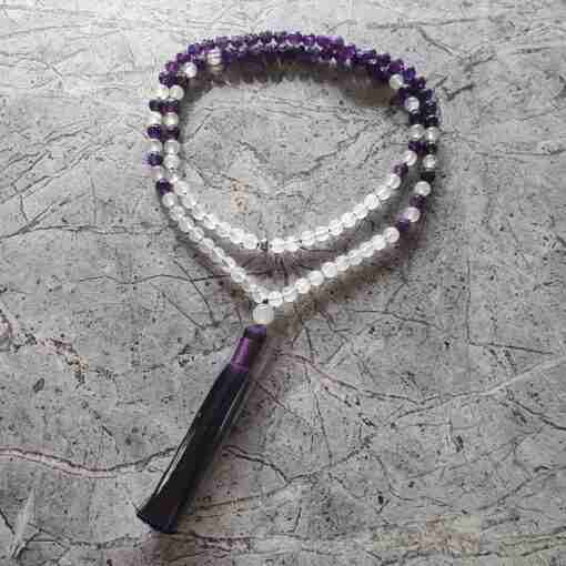 Amethyst-Milchquarz-Mala mit Seidenquaste + Armband – Bild 3
