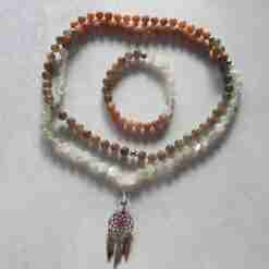 Mehrfarbige Mondstein-Mala mit Edelstahlanhänger + Armband