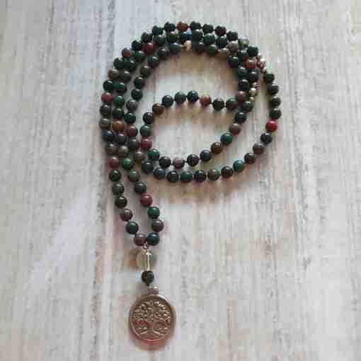 Heliotrop-Mala (2) mit Edelstahlanhänger (Lebensbaum)