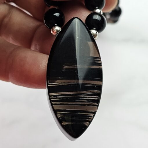 Obsidian („Lamellenobsidian“) -Mala, mit „Lamellenobsidian“-Navette und Armband – Bild 10