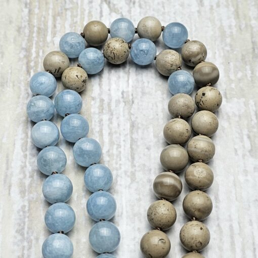 Flint (Feuerstein) -Aquamarin-Mala mit Flint-Donut – Bild 14
