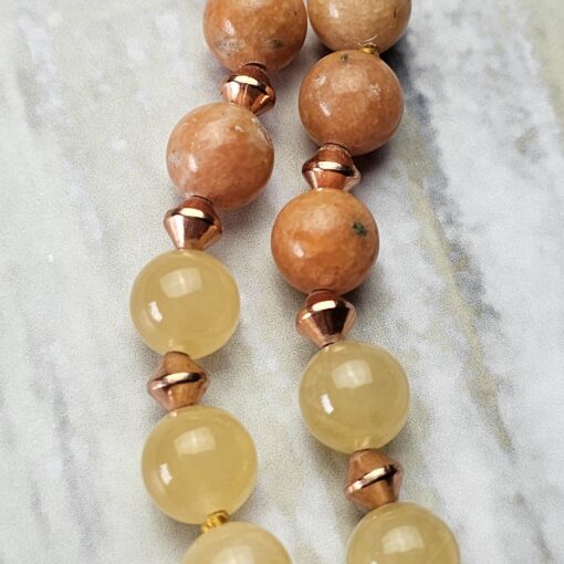 Calcit (orangefarben und gelb) -Kupfer-Mala mit gelbem Calcit-Donut – Bild 16