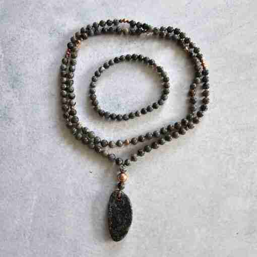 „Yooperlite“-Kupfer-Mala mit „Yooperlite“-Anhänger und passendem Armband