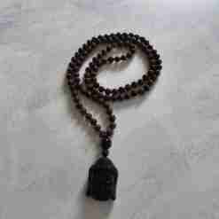 Obsidian („Mahagoni-Obsidian“) -Mala mit Obsidian-Anhänger (Buddha-Kopf)