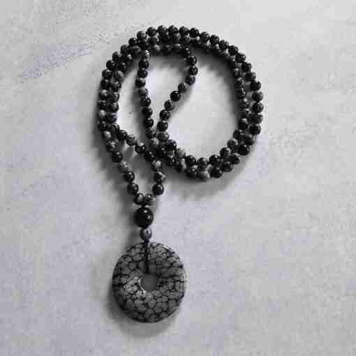 Obsidian („Schneeflocken-Obsidian“) -Mala mit „Schneeflocken-Obsidian“-Donut