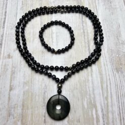 Falkenaugen-Pyrit-Mala mit Falkenaugen-Donut und Armband