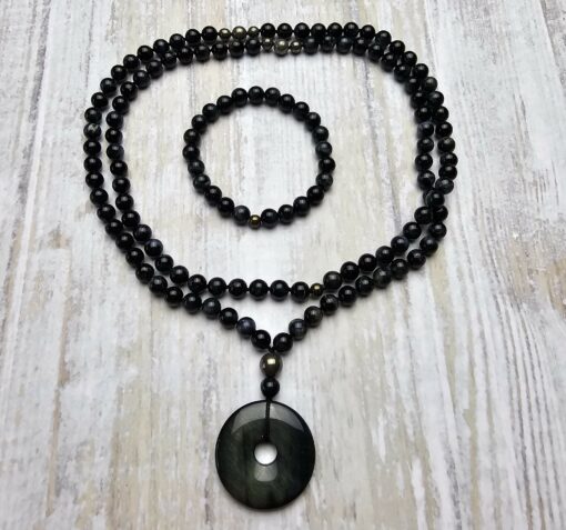 Falkenaugen-Pyrit-Mala mit Falkenaugen-Donut und Armband