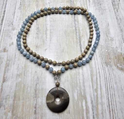 Flint (Feuerstein) -Aquamarin-Mala mit Flint-Donut – Bild 3