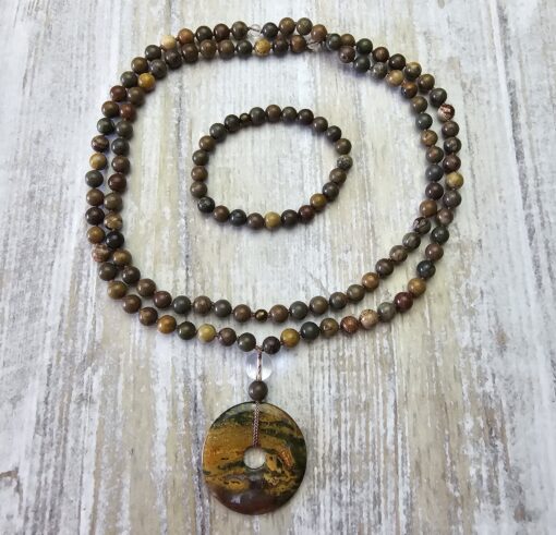 Jaspis ( „Regenbogen-Jaspis“) -Mala mit buntem Jaspis-Donut und Armband