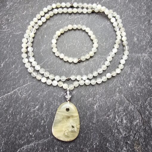 Mondstein-Mala, weiß, mit weißem Mondstein-Anhänger und Armband