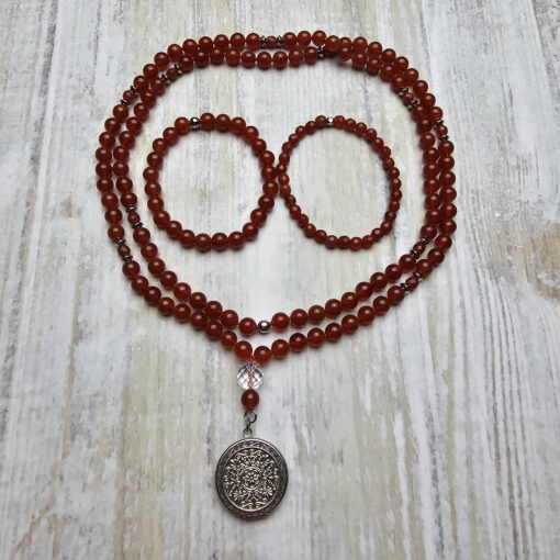 Rote Onyx/Achat-Mala mit Edelstahlanhänger und zwei Armbändern
