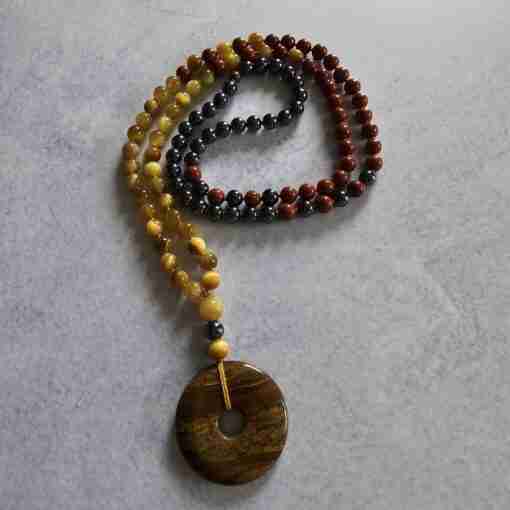 Hämatit-Jaspis (rot) -Tigeraugen-Mala (3) mit Tigereisen-Donut