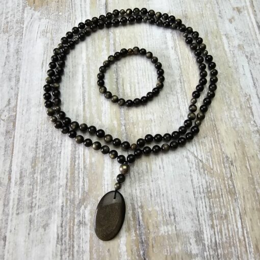 Obsidian („Goldobsidian“) -Pyrit-Mala (1) mit „Goldobsidian“-Anhänger und Armband