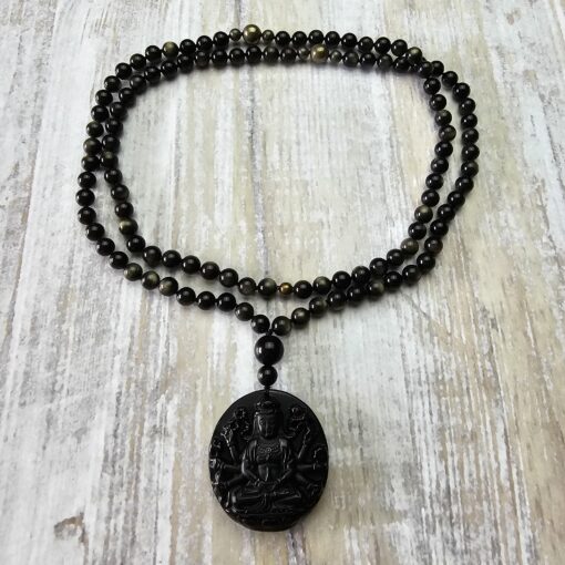 Obsidian („Goldobsidian“) -Pyrit-Mala (2) mit Obsidian-Anhänger – Bild 3