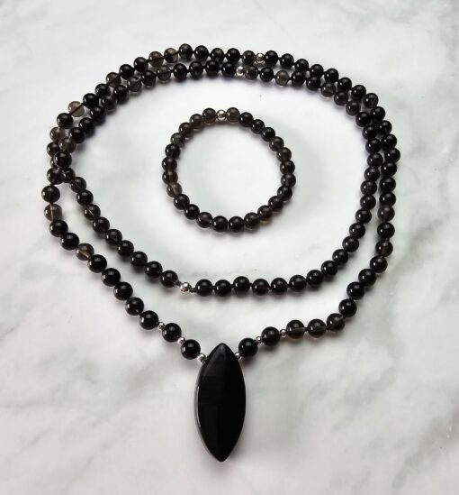 Obsidian („Lamellenobsidian“) -Mala, mit „Lamellenobsidian“-Navette und Armband