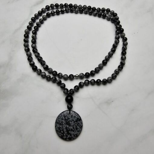 Obsidian („Schneeflocken-Obsidian“) -Mala (1) mit „Schneeflocken-  Obsidian“-Anhänger – Bild 3