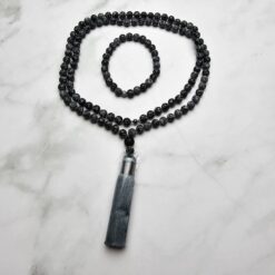 Obsidian („Schneeflocken-Obsidian“) -Mala, matt, mit Seidenquaste und Armband