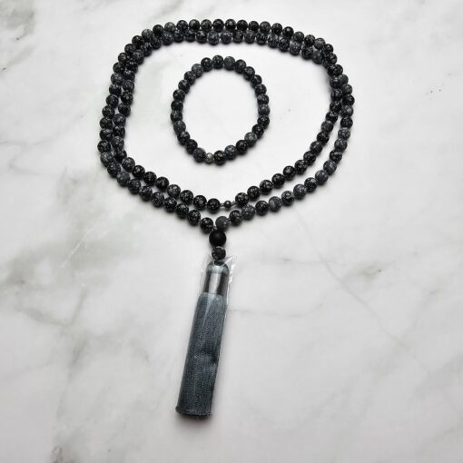 Obsidian („Schneeflocken-Obsidian“) -Mala, matt, mit Seidenquaste und Armband