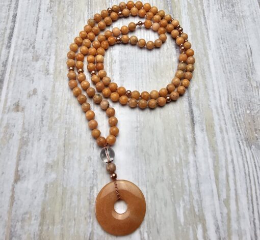 Calcit (orangefarben) -Kupfer-Mala mit orangefarbenem Aventurinquarz-Donut
