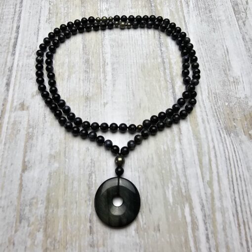 Falkenaugen-Pyrit-Mala mit Falkenaugen-Donut und Armband – Bild 3