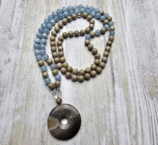 Flint (Feuerstein) -Aquamarin-Mala mit Flint-Donut