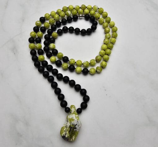 Lizardit (Serpentin) -Obsidian (matt) -Mala (2) mit Lizardit-Anhänger