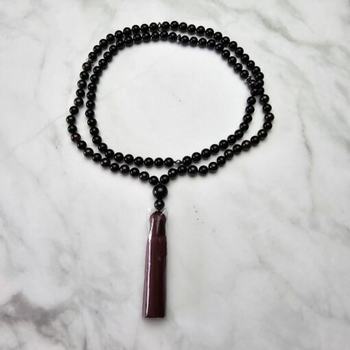 Morion Rauchquarz-Granat-Mala mit Seidenquaste und zwei Armbändern – Bild 3