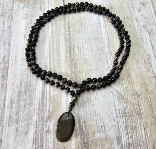 Obsidian („Goldobsidian“) -Pyrit-Mala (1) mit „Goldobsidian“-Anhänger und Armband – Bild 3