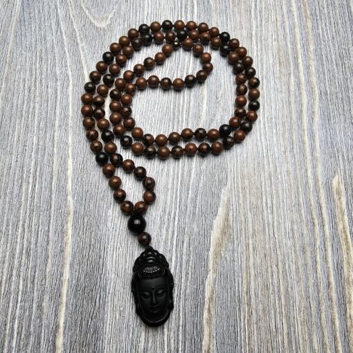 Obsidian („Mahagoni-Obsidian“) -Mala (2) mit Obsidian-Anhänger (Guanyin-Kopf)