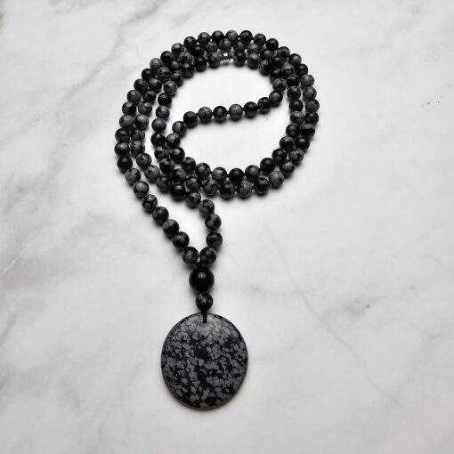 Obsidian („Schneeflocken-Obsidian“) -Mala (1) mit „Schneeflocken-  Obsidian“-Anhänger