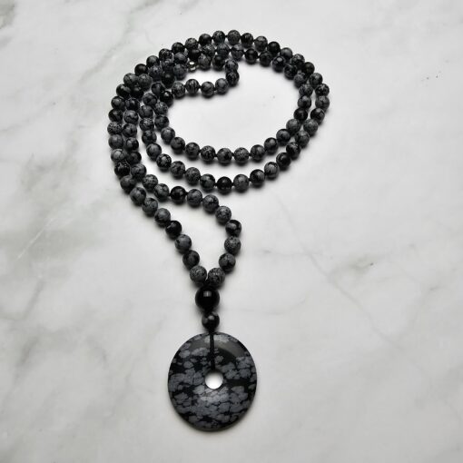 Obsidian („Schneeflocken-Obsidian“) -Mala (2) mit „Schneeflocken-Obsidian“-Donut