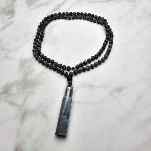 Obsidian („Schneeflocken-Obsidian“) -Mala, matt, mit Seidenquaste und Armband – Bild 3