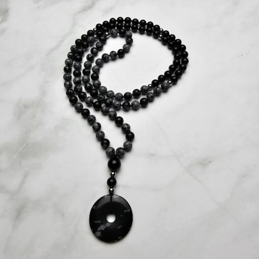 Obsidian („Schneeflocken-Obsidian“) -Obsidian-Mala mit „Schneeflocken-Obsidian“-Donut