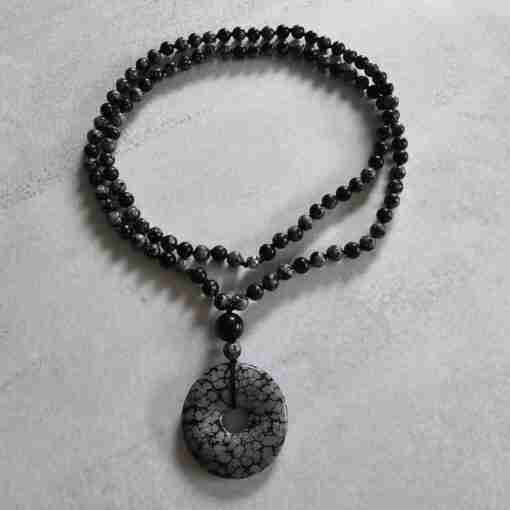 Obsidian („Schneeflocken-Obsidian“) -Mala mit „Schneeflocken-Obsidian“-Donut – Bild 3