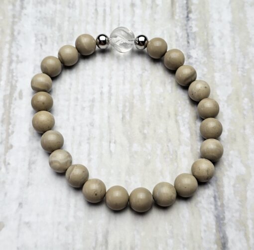 Flint (Feuerstein) -Bergkristall-Mala (1) mit großem Flint-Donut und Armband – Bild 4